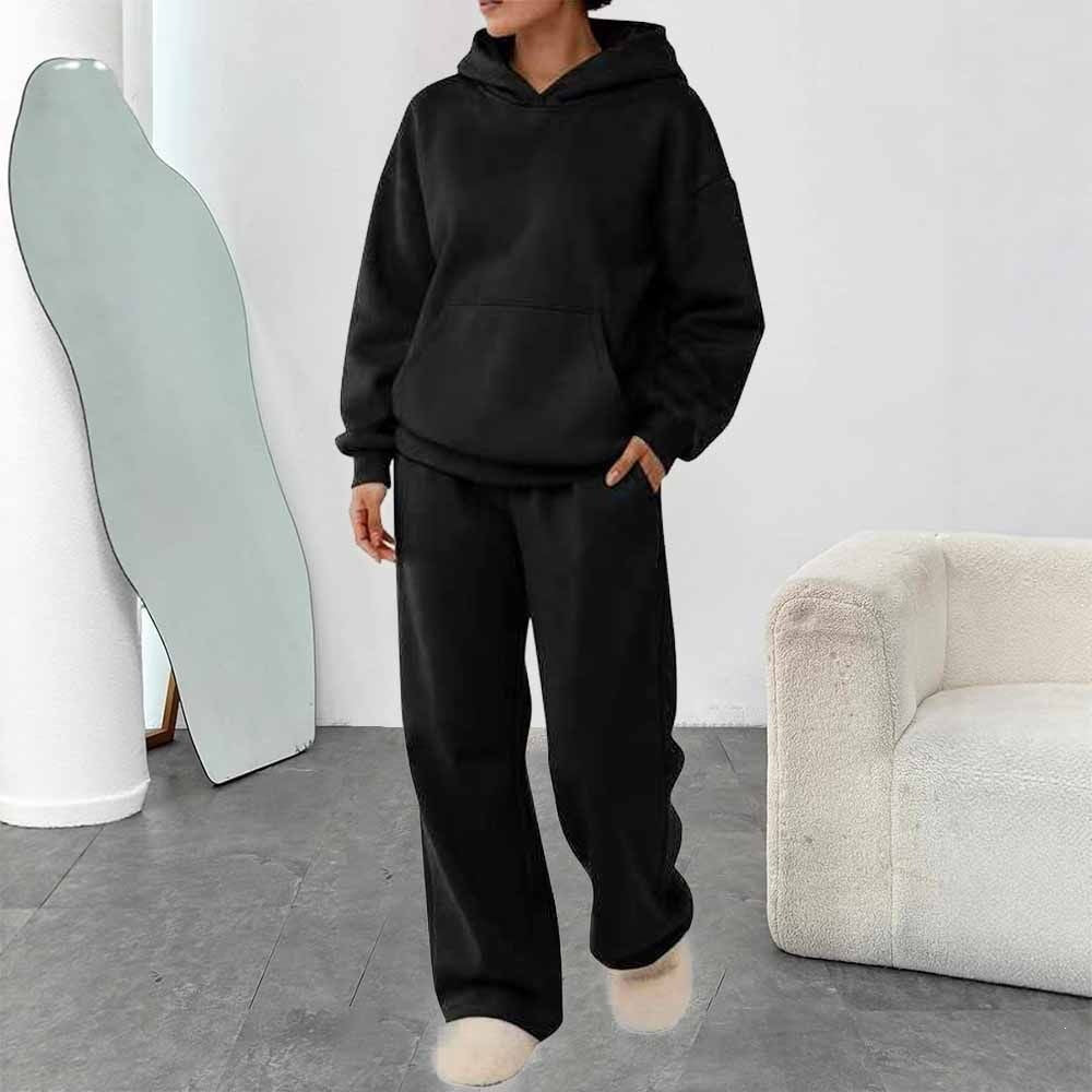 Damen nan zweiteiliges Freizeit-Lounge-Set mit Kapuzenpullover, Kängurutasche und gerader Loungehose aus weichem Baumwollmix Drune