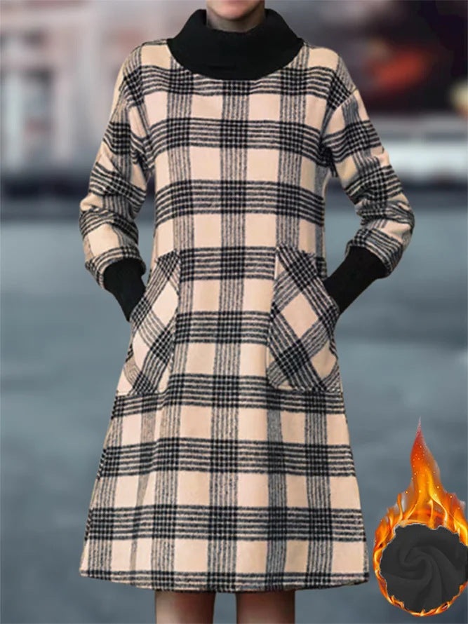 Damen Karo Kleid mit hochgeschlossenem Kragen und praktischen Taschen Drune