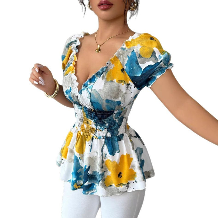 Damen Bluse mit floralen Rüschen und elastischem Taillenbund Drune