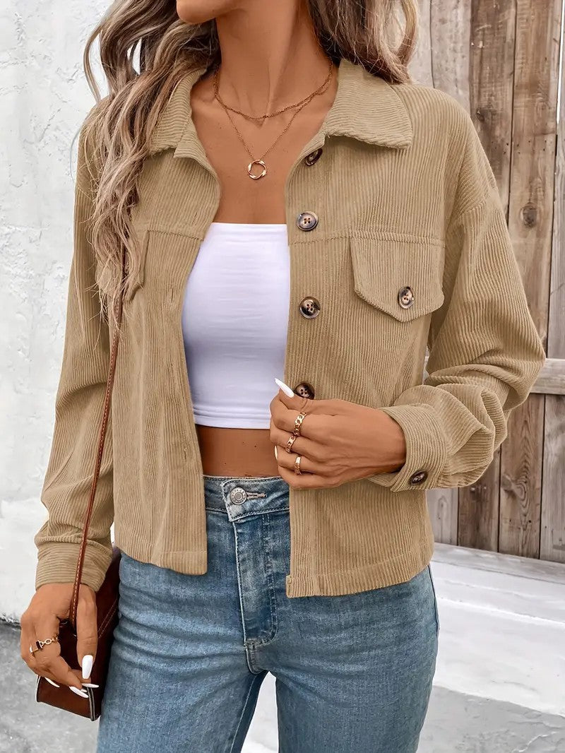 Damen lässige Cordjacke mit praktischen Taschen und modischen Knöpfen Drune