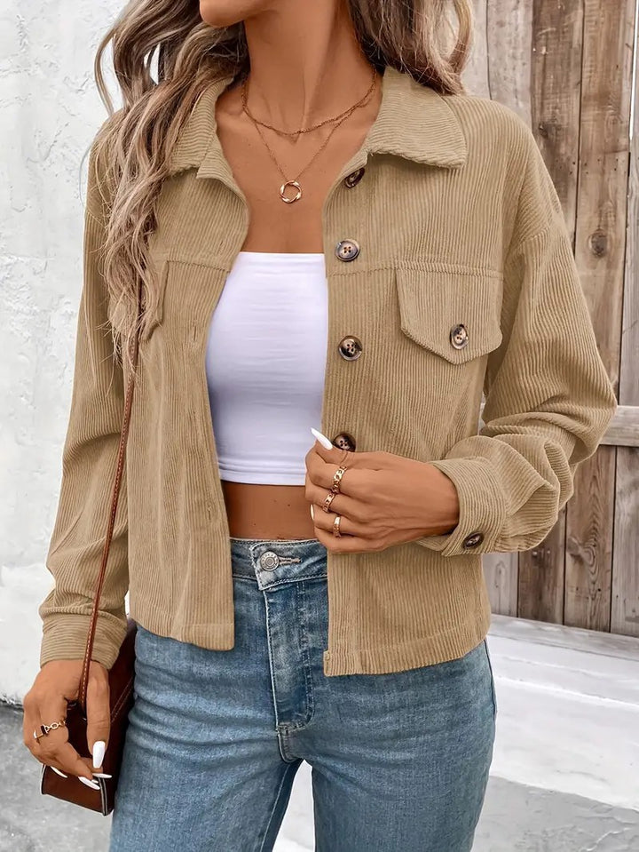 Damen lässige Cordjacke mit praktischen Taschen und modischen Knöpfen Drune