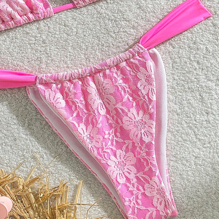 Damen Triangel-Bikini mit floralem Spandex-Muster und verstellbaren Trägern Drune