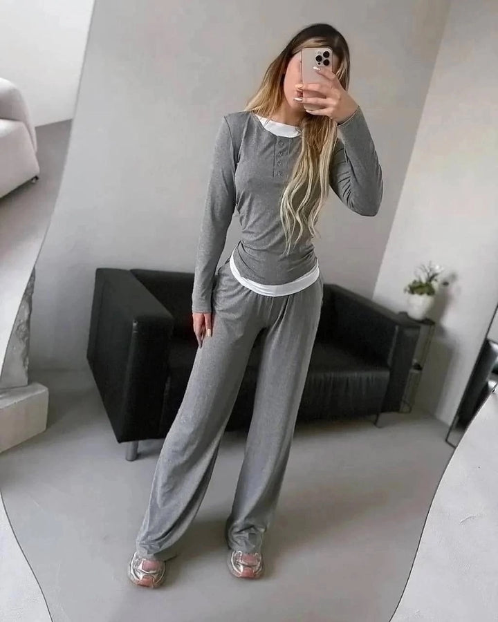 Damen Loungewear-Set mit Langarmshirt und weitem Hosenbein Drune