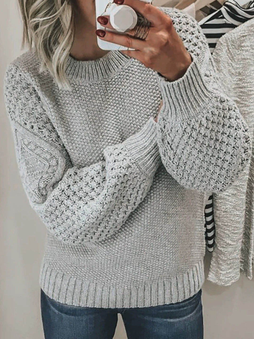 Damen Modischer Strickpullover mit strukturiertem Design und weiten Ärmeln Drune