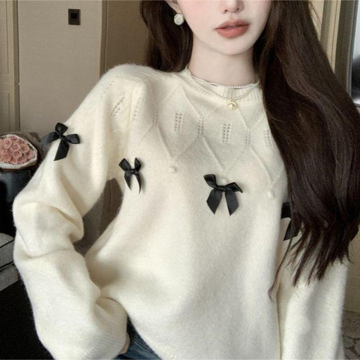Damen gemütlicher Pullover mit verspielten Schleifenapplikationen Drune