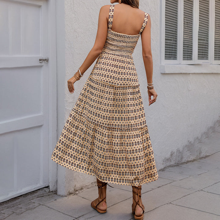 Damen Maxikleid mit strukturierten Rüschendetails und verspieltem Geometrie-Druck Drune