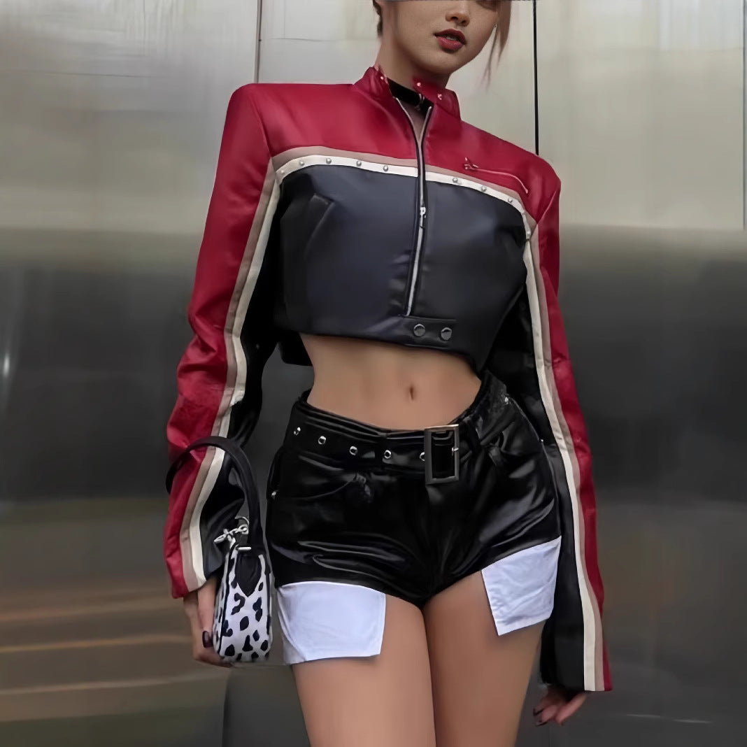 Damen trendige cropped Lederjacke mit einzigartigen Farbakzenten Drune