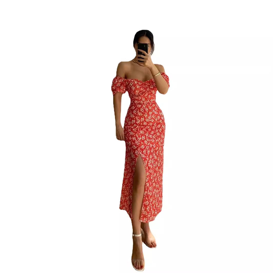 Damen Maxikleid mit schulterfreiem Design und floralem Print Drune