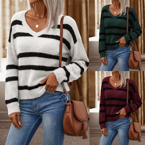 Damen V-Ausschnitt Pullover mit breiten Streifen und kuscheligem Material Drune