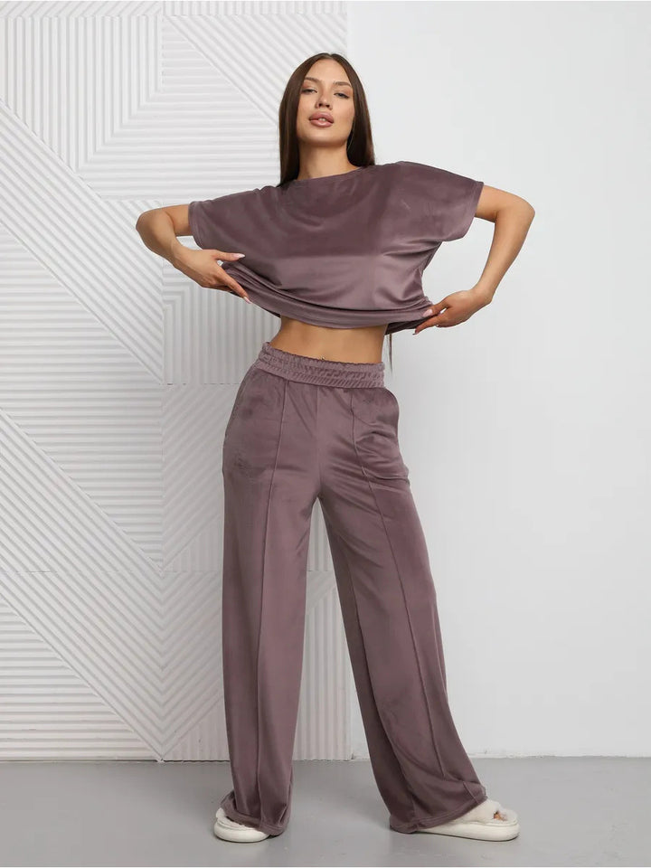 Damen Satin-Loungewear-Set mit lässigem Schnitt und weit geschnittenen Hosen