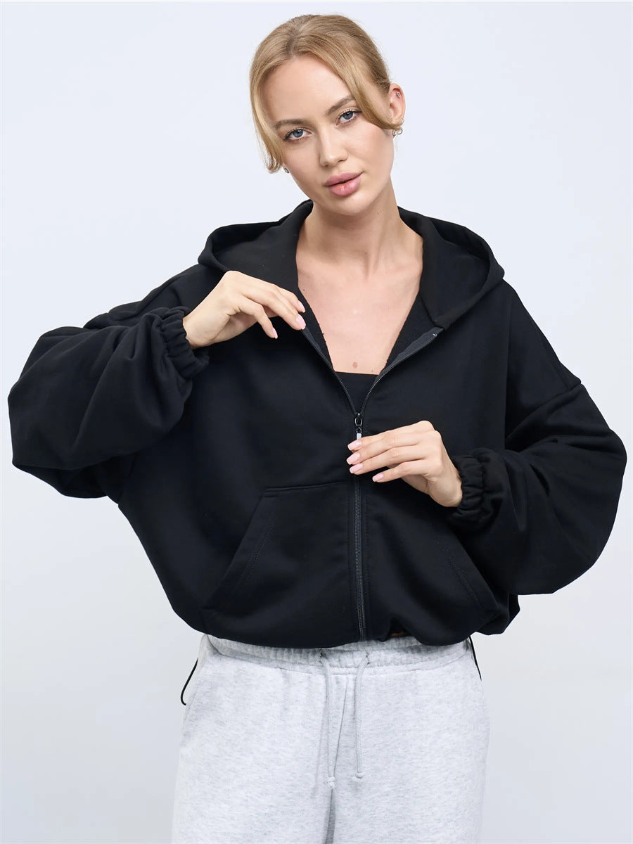 Damen Cropped Kapuzenjacke mit Reißverschluss und übergroßen Ärmeln Drune