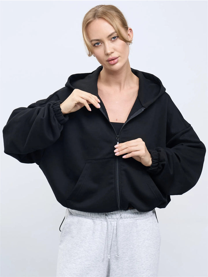 Damen Cropped Kapuzenjacke mit Reißverschluss und übergroßen Ärmeln Drune