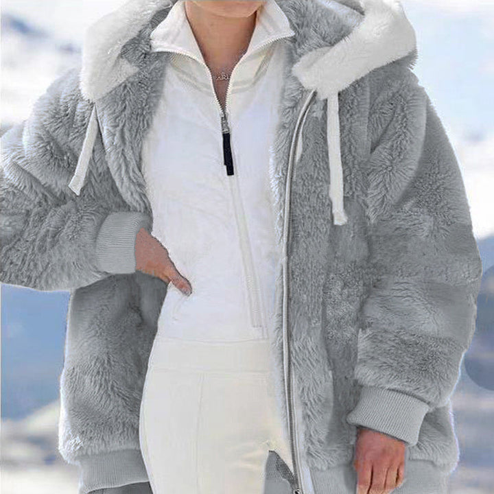 Damen nan kuschelige Kapuzen-Teddyjacke mit wattiertem Innenfutter und Rippbündchen Drune