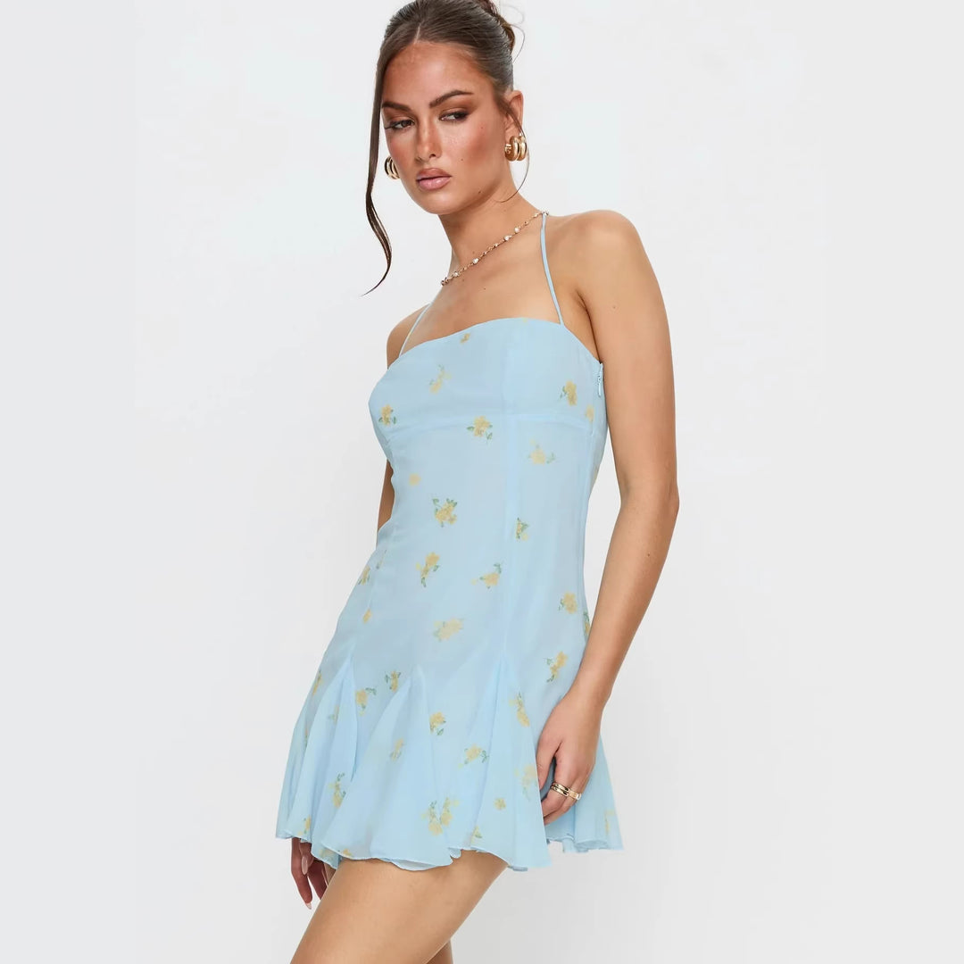 Damen luftiges Spaghetti-Träger Sommerkleid mit floralem Print und schwingendem Rock Drune