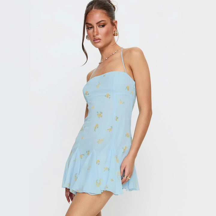 Damen luftiges Spaghetti-Träger Sommerkleid mit floralem Print und schwingendem Rock Drune
