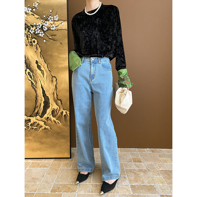 Damen Samtoberteil mit langem Arm und elegantem Rundhalsausschnitt Drune