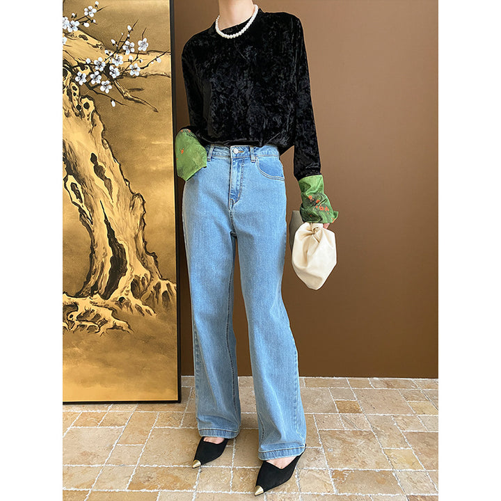 Damen Samtoberteil mit langem Arm und elegantem Rundhalsausschnitt Drune