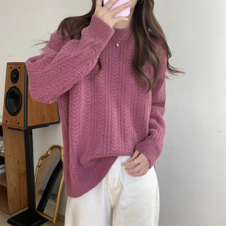Damen Grobstrickpullover mit modernem Zopfmuster und hohem Rundhalsausschnitt Drune
