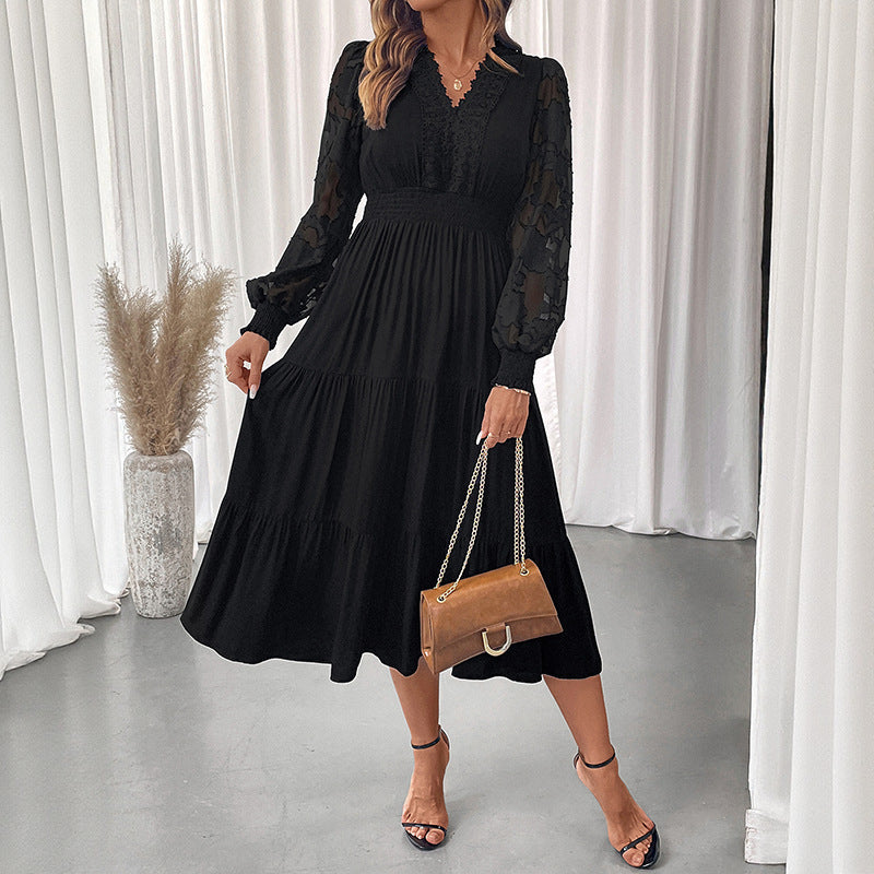 Damen Maxikleid mit breiten Puffärmeln und feinen Rüschendetails Drune