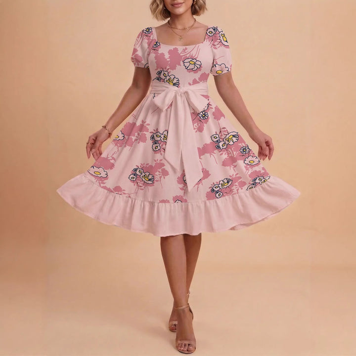 Damen Retro Maxikleid mit Puffärmeln und Taillengürtel Drune
