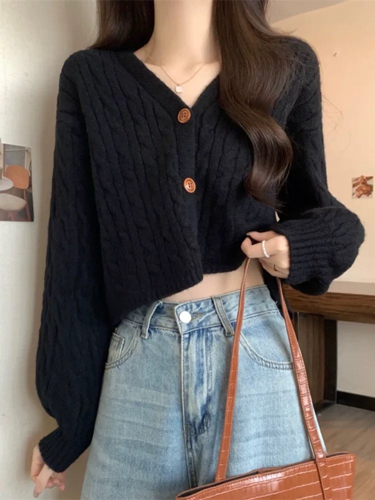 Damen lockerer Strickcardigan mit Zopfmuster und Knopfverschluss Drune
