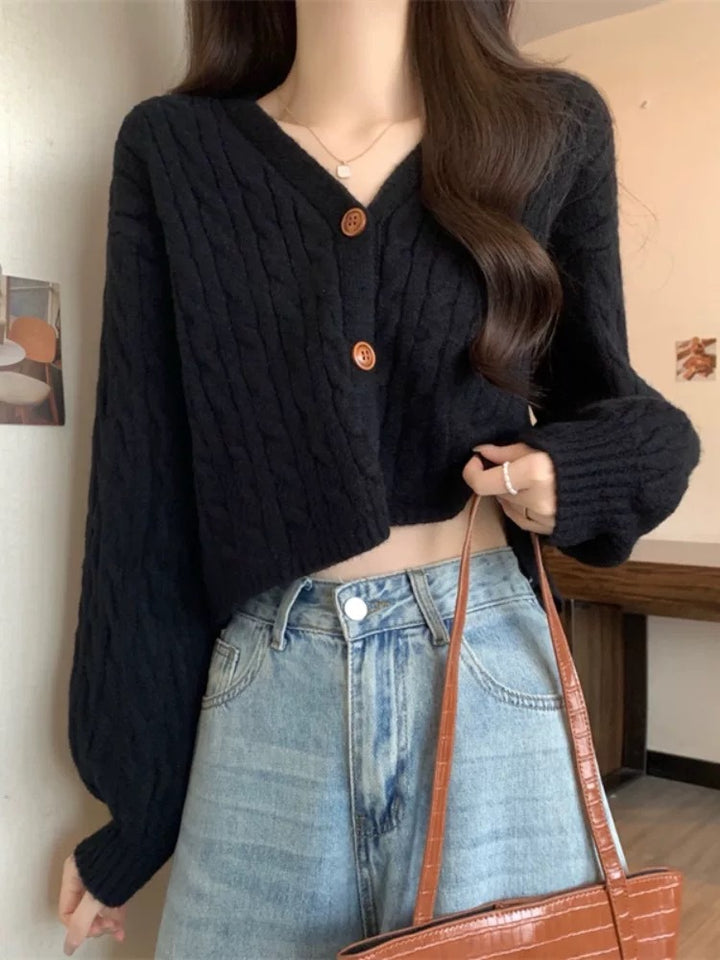 Damen lockerer Strickcardigan mit Zopfmuster und Knopfverschluss Drune