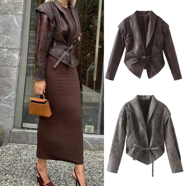 Damen Kunstlederblazer im modernem Design mit praktischem Gürtel Drune