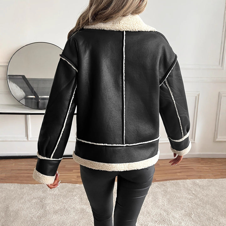 Damen stylische Kunstlederjacke mit Schaffellkragen Drune
