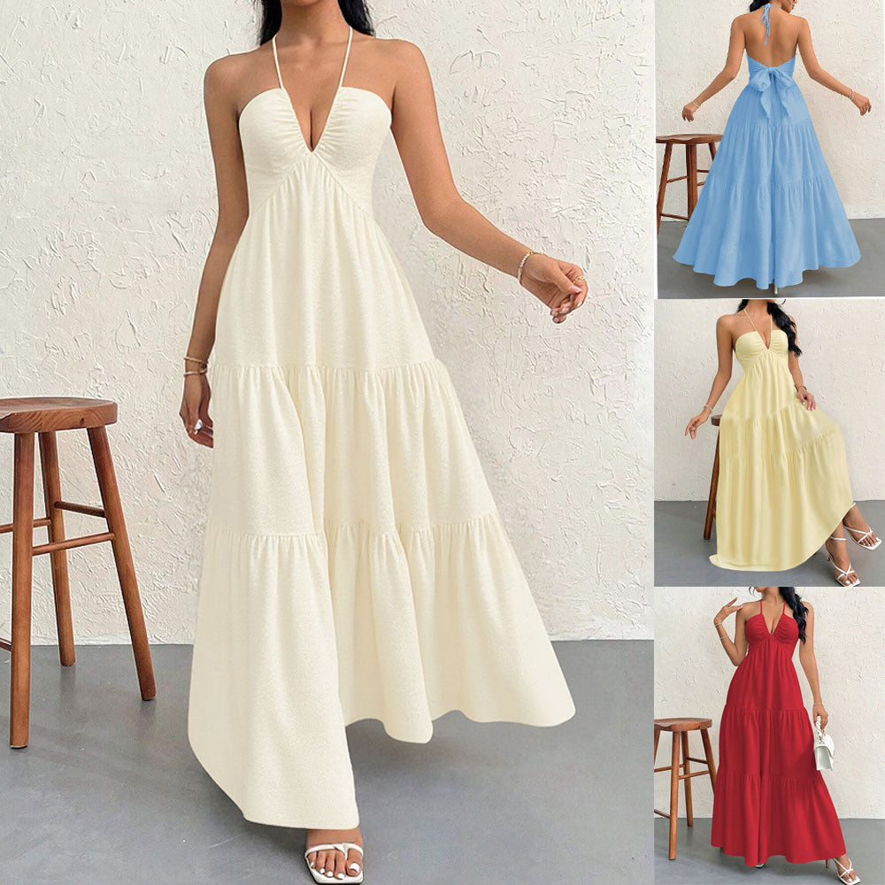 Damen Maxikleid mit tiefem V-Ausschnitt und Volants Drune