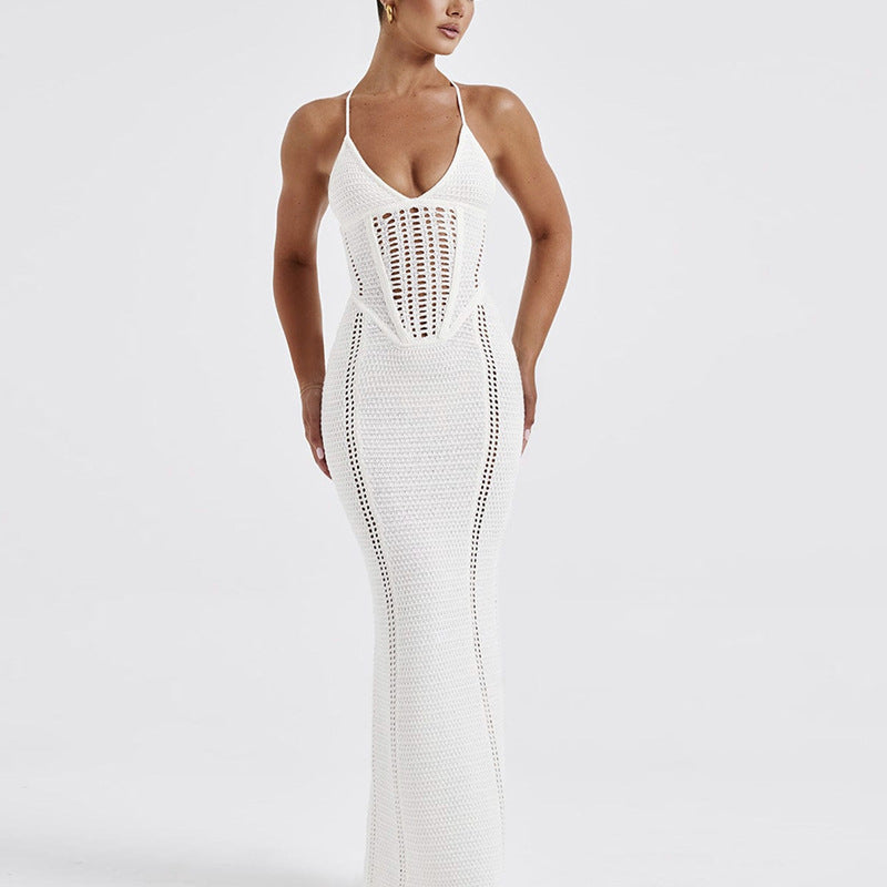 Damen Häkel-Maxikleid mit tiefem V-Ausschnitt und figurbetontem Schnitt Drune
