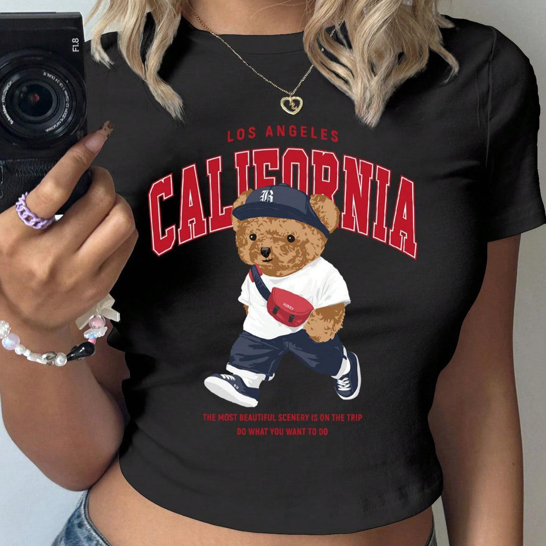 Damen Crop-T-Shirt mit verspieltem Bärenmotiv und modischem Schriftzug Drune