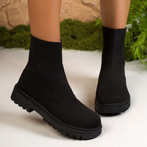 Damen nan gestrickte Sock-Stiefelette mit elastischem Rippbund stoßdämpfender Leichtsohle und robustem Traktorprofil Drune