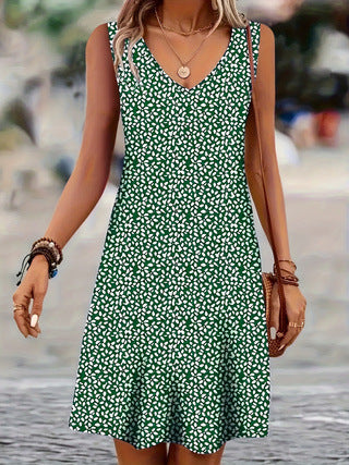 Damen ärmelloses Sommerkleid mit V-Ausschnitt und Knopfleiste Drune