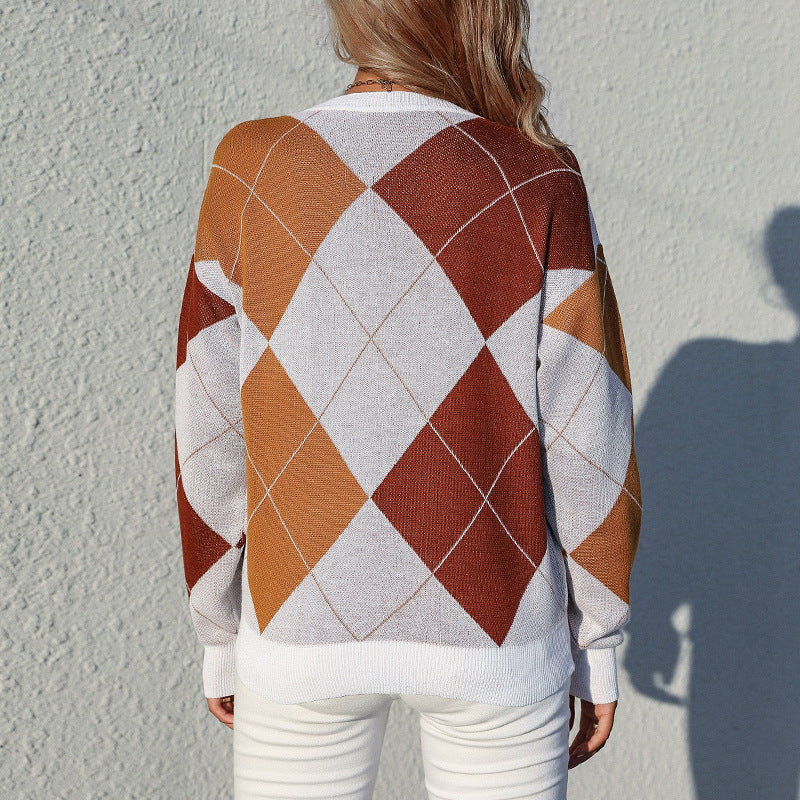 Damen lässiger Strickpullover mit modernem Rautenmuster Drune