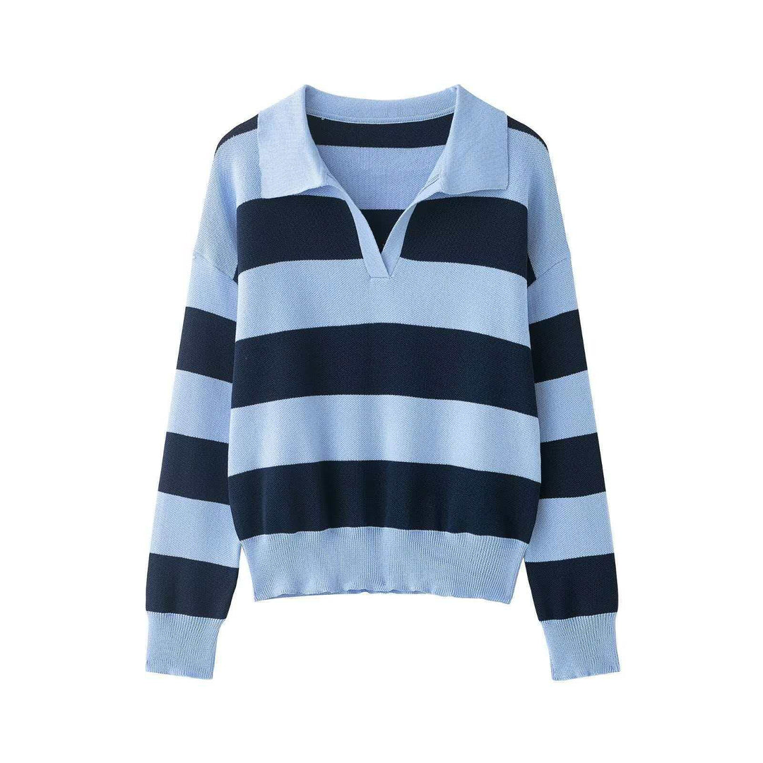 Damen nan gestreifter Rugby-Pullover mit Polokragen, V‑Ausschnitt und verlängerten Rippbündchen Drune