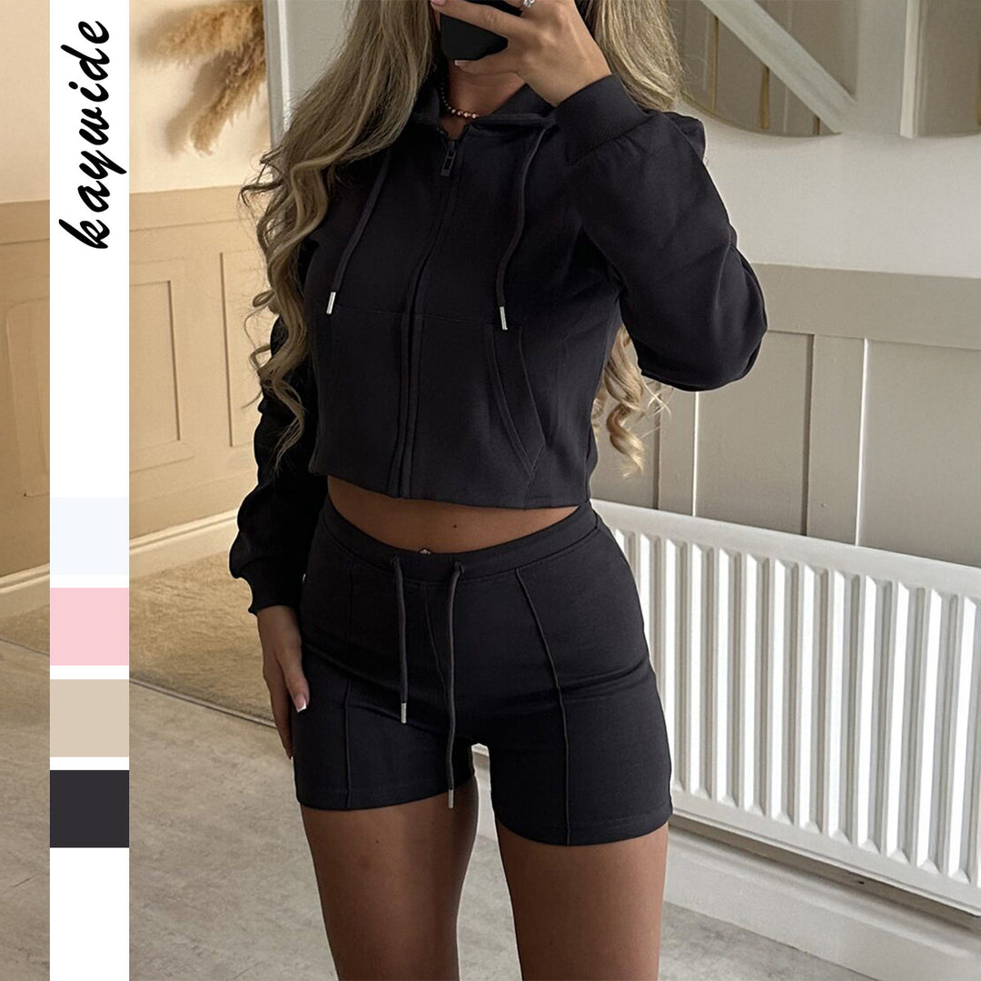Damen nan lässiges Sweatshirt- und Short-Set mit dekorativen Schleifen-Applikationen, hohem Rundhalsausschnitt und Tunnelzugbund Drune