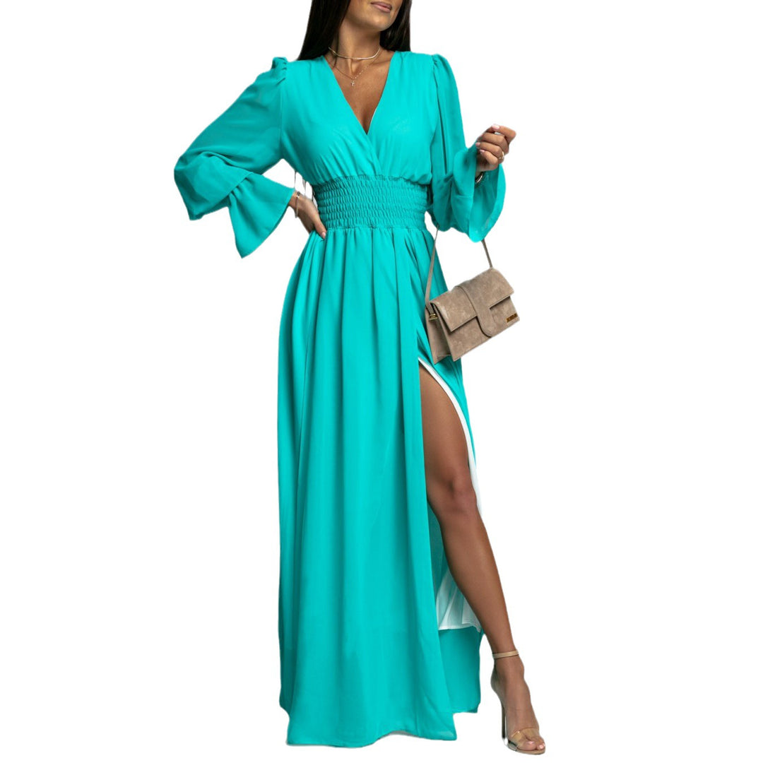 Damen Maxi-Kleid mit tiefem V-Ausschnitt und voluminösen Ärmeln Drune