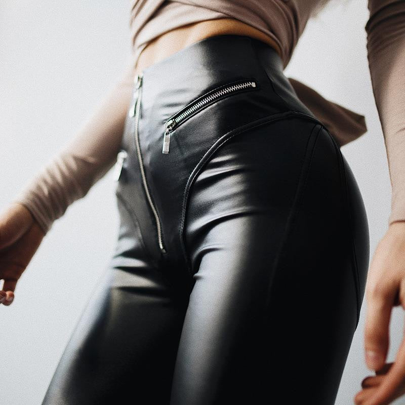 Damen Hochwertige Kunstleder Leggings mit modischen Reißverschlussdetails Drune