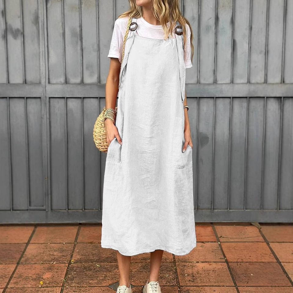Damen Lässiges Leinenkleid mit verstellbaren Trägern und praktischen Taschen Drune