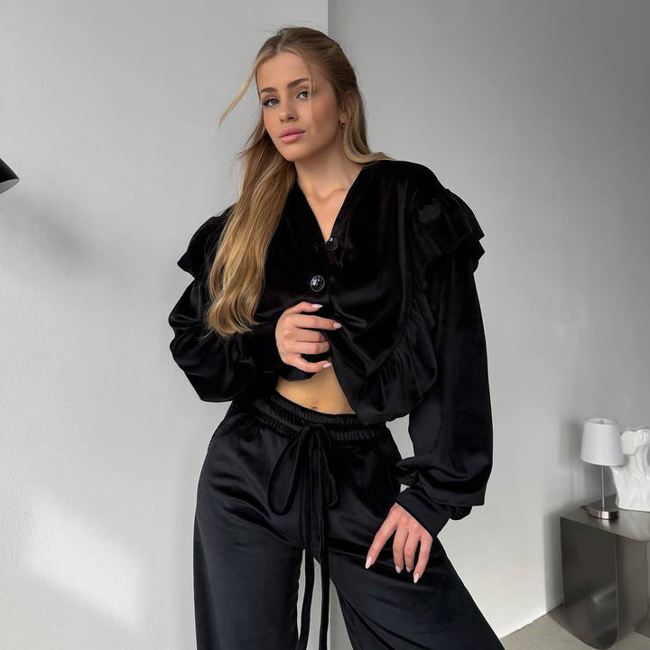 Damen Luxuriöser Samt-Set mit cropped Oberteil undweitem Hose Drune