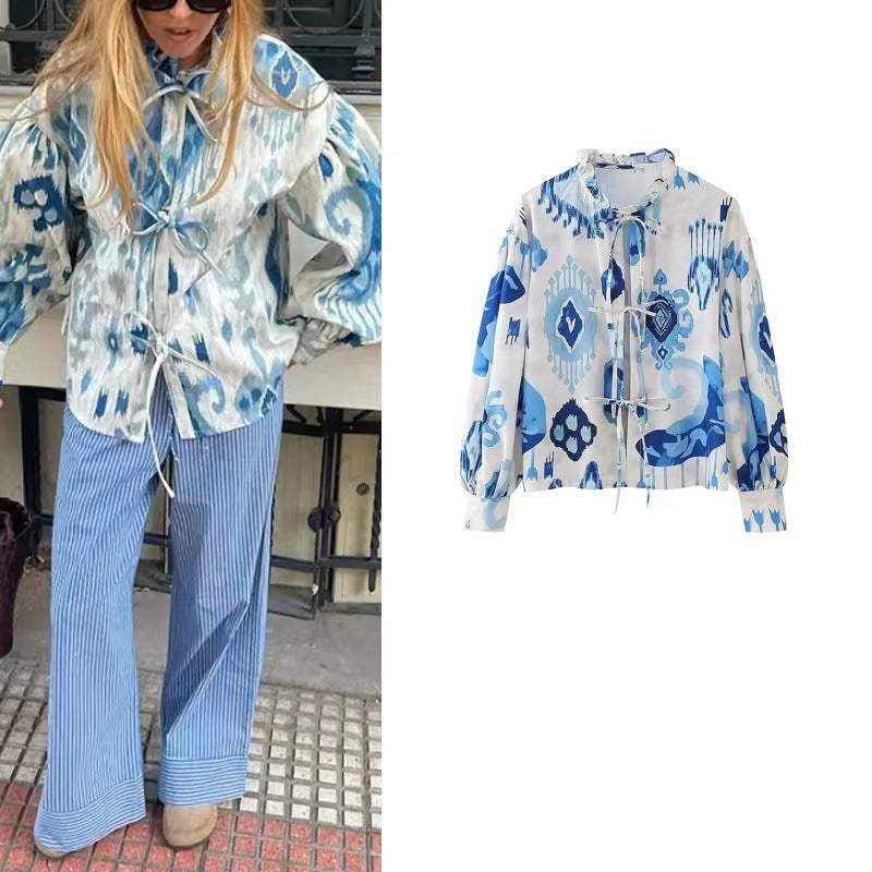Damen Modische halbärmelige Bluse mit voluminösen Ärmeln Drune