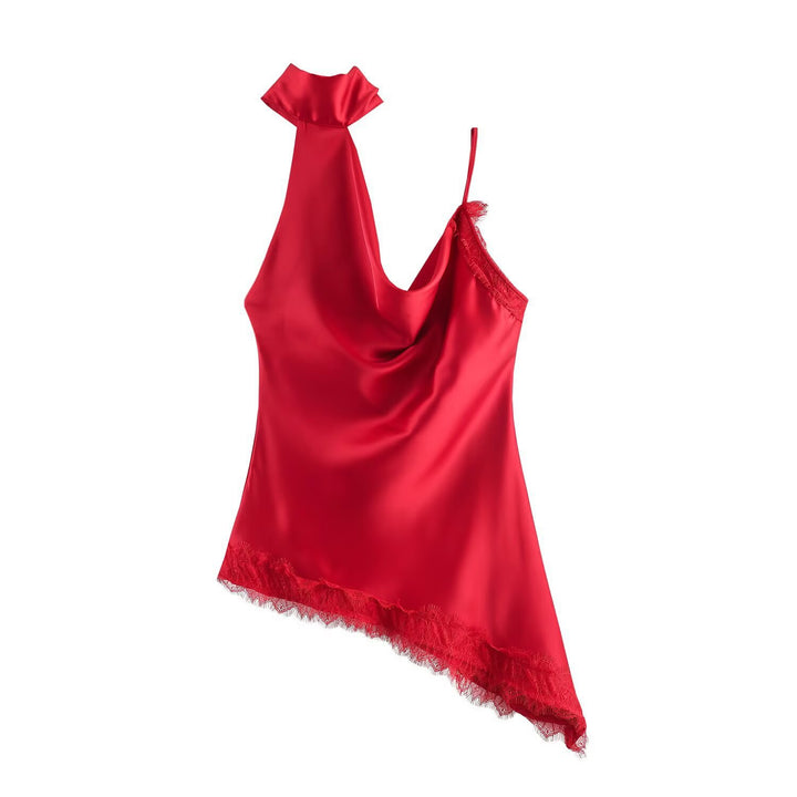 Damen elegantes Satin-Top mit asymmetrischem Saum und Spitzendetails Drune