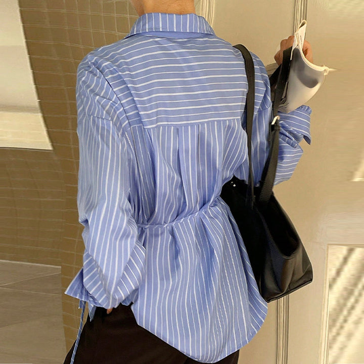 Damen elegante Bluse mit taillierbarem Bindeband und modischem Streifenmuster Drune