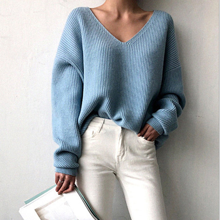 Damen lässiger Strickpullover mit V-Ausschnitt und weit geschnittenen Ärmeln Drune
