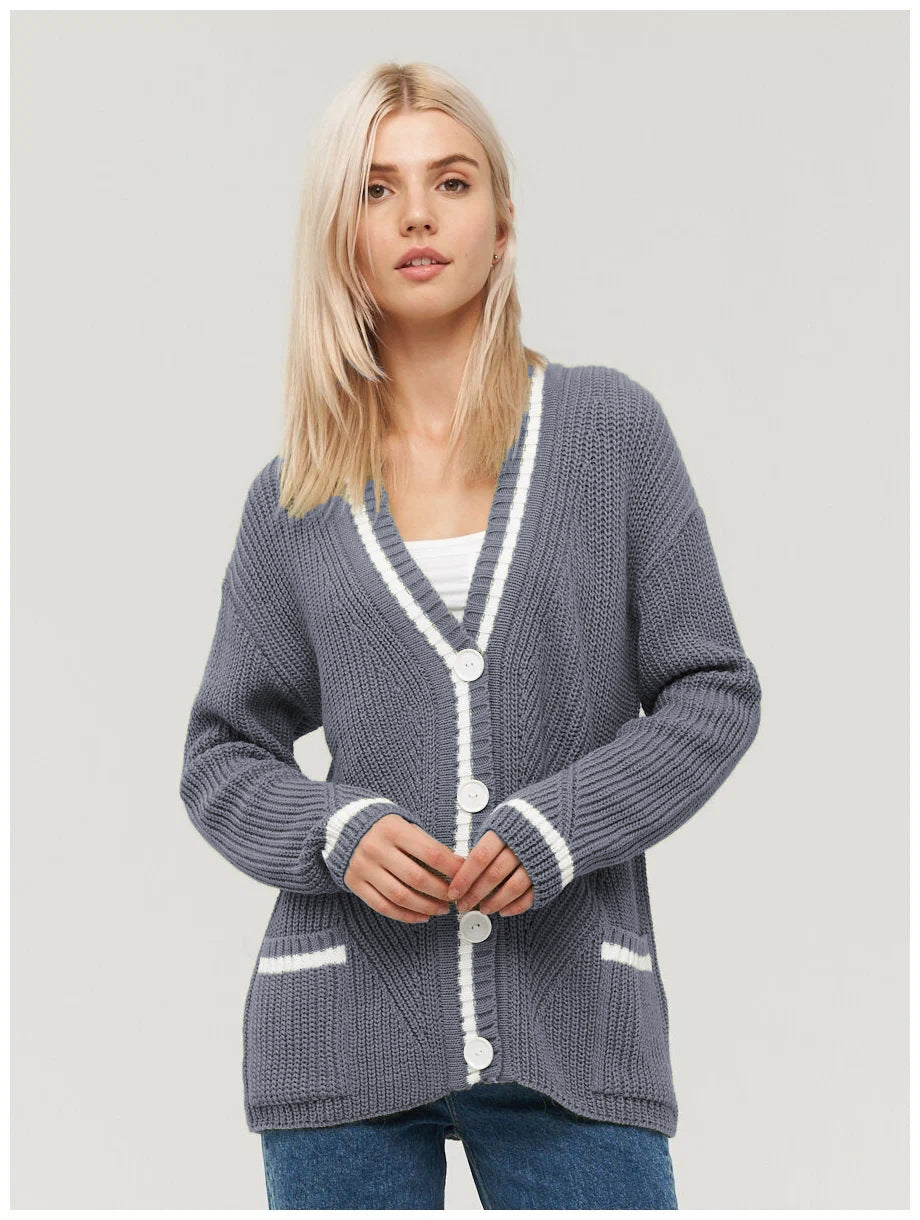 Damen Grobstrickjacke mit praktischen Pattentaschen und kontrastierenden Details Drune