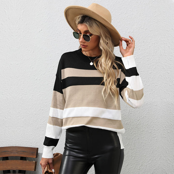Damen gestreifter Pullover mit lässigem Schnitt und modischen Kontrastdetails Drune