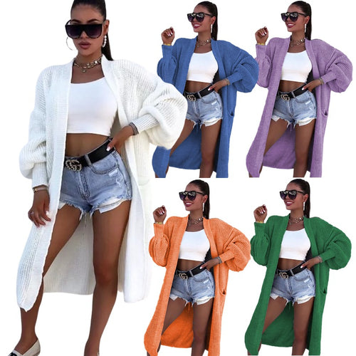 Damen Langer Strickmantel mit weiten Ärmeln und Taschen Drune
