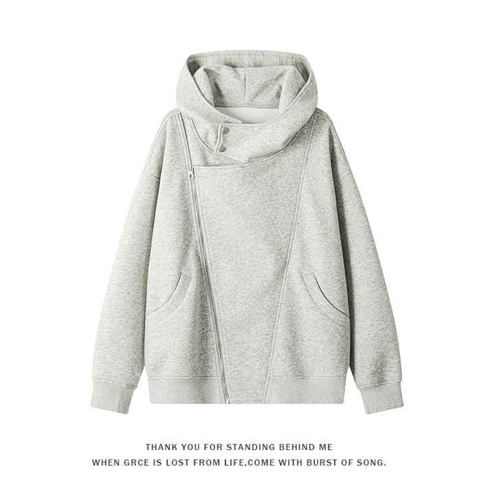 Damen nan asymmetrischer Kapuzenpullover mit hohem Kragen, diagonalem Reißverschluss und Kängurutaschen Drune