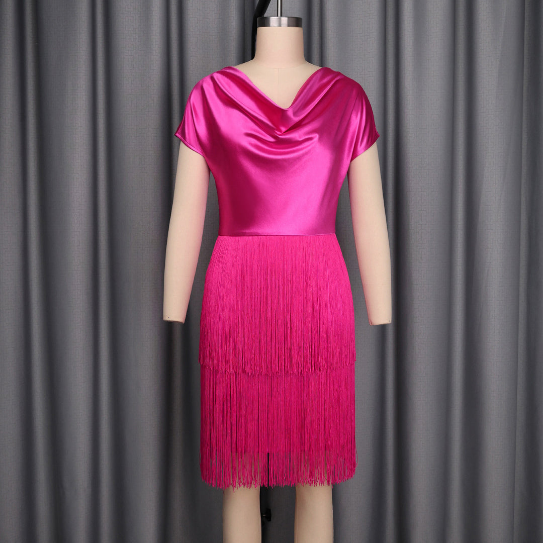 Damen schimmerndes Fransen Kleid mit eleganter Drapierung Drune