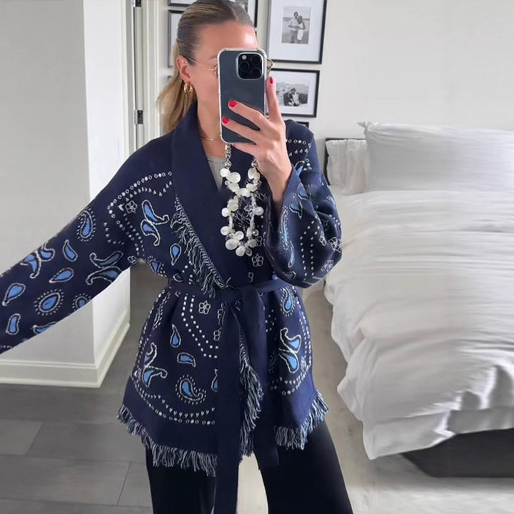 Damen Oversized Kimono-Weste mit raffinierten Fransen und buntem Paisleydruck Drune
